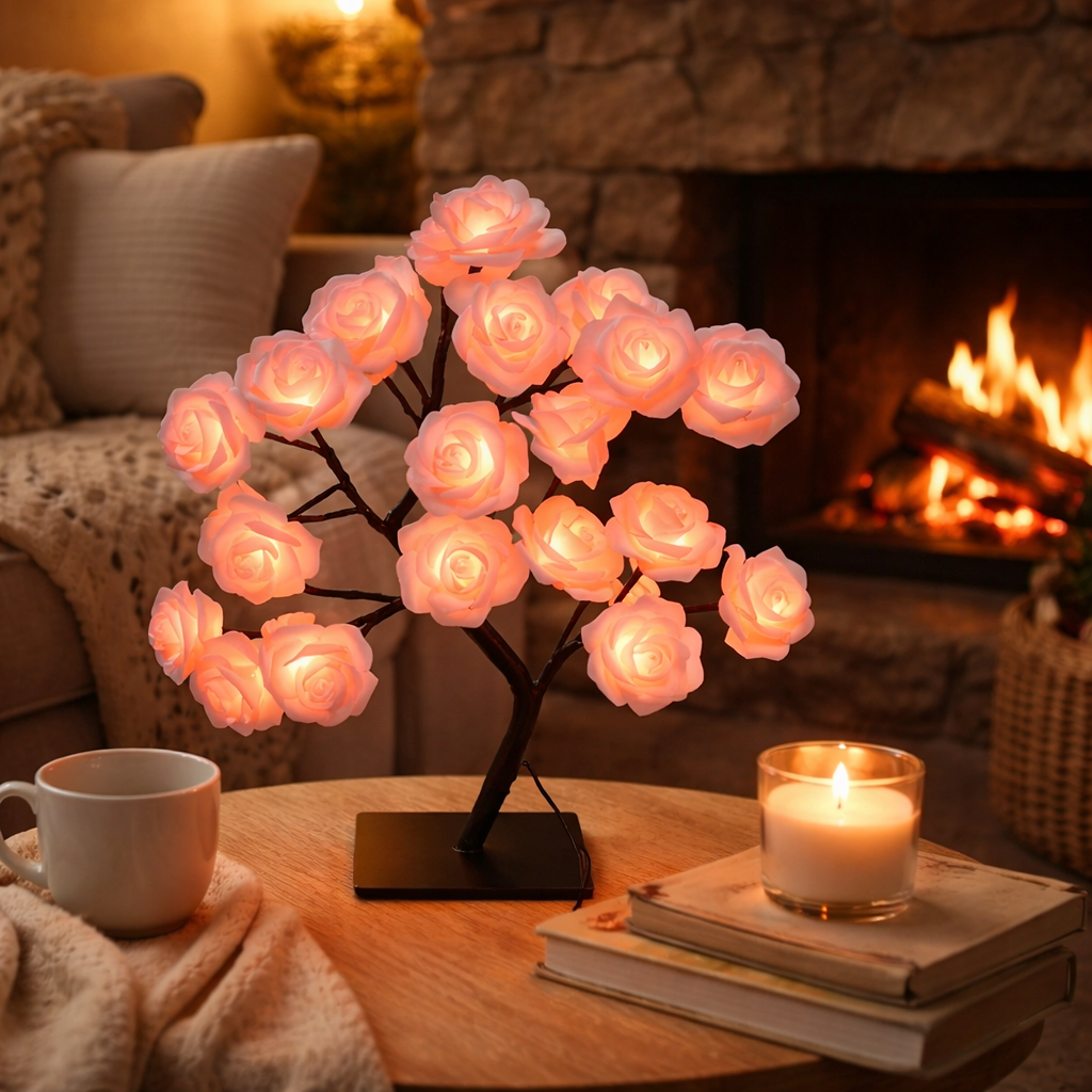 24 LED Rose Tree Lights USB Plug Table Lamp Fairy Flower Night Light