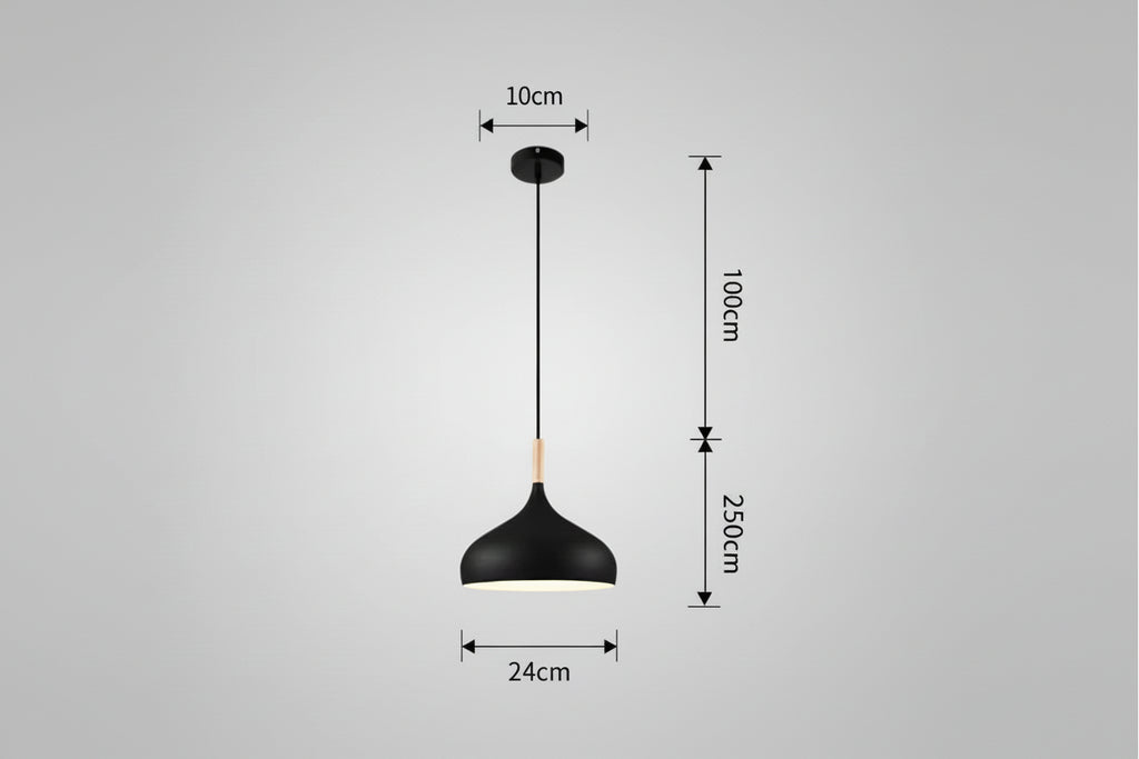 Black pendant light with dimensions on a gray background